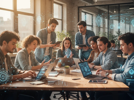 Young professionals collaborate in a modern co-working space with digital overlays, symbolizing online courses and AI integration. - Foto: über boerse-global.de