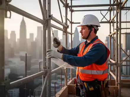 Ein Bauarbeiter in Schutzausrüstung inspiziert ein Baugerüst auf einer Baustelle vor einer verschwommenen Stadtsilhouette. - Foto: über boerse-global.de