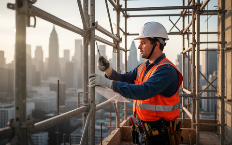 Ein Bauarbeiter in Schutzausrüstung inspiziert ein Baugerüst auf einer Baustelle vor einer verschwommenen Stadtsilhouette. - Foto: über boerse-global.de