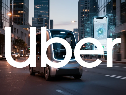 Ein futuristisches autonomes Lieferfahrzeug von Nuro fährt auf einer Stadtstraße bei Dämmerung, mit subtiler Uber-App-Oberfläche. - Foto: über boerse-global.de