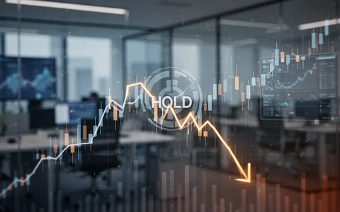 Abstrakte Darstellung eines fallenden Aktienkurses mit einem 'HOLD'-Symbol, umgeben von einem unscharfen modernen Büro. - Foto: über boerse-global.de