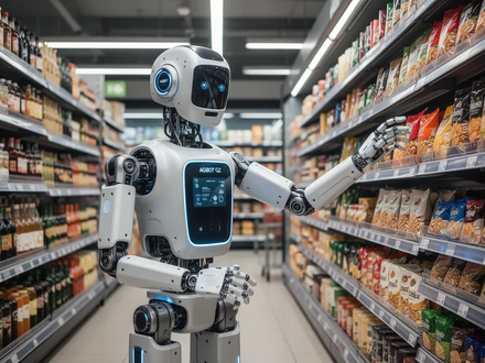 A humanoid robot, AGIBOT G2, in a supermarket aisle, reaching for an item. The scene highlights practical AI application. - Foto: über boerse-global.de