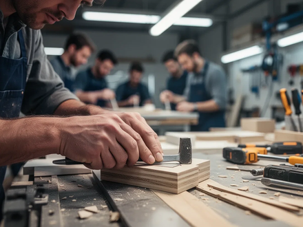 Nahaufnahme der Hände eines Handwerkers, der präzise arbeitet, mit verschwommenen Kollegen und modernen Werkzeugen im Hintergrund einer Werkstatt. - Foto: über boerse-global.de