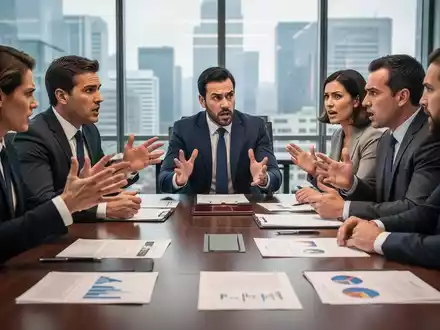Eine Gruppe von Geschäftsleuten debattiert intensiv an einem Konferenztisch, umgeben von Dokumenten und Diagrammen. - Foto: über boerse-global.de