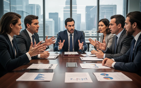 Eine Gruppe von Geschäftsleuten debattiert intensiv an einem Konferenztisch, umgeben von Dokumenten und Diagrammen. - Foto: über boerse-global.de