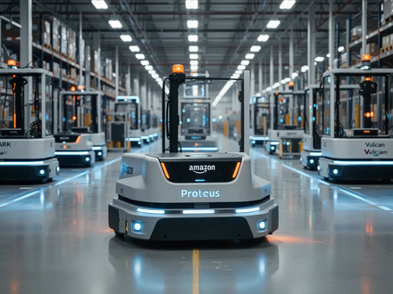 An advanced Amazon Proteus warehouse robot, blue and orange, moves autonomously through a modern, well-lit fulfillment center. - Foto: über boerse-global.de