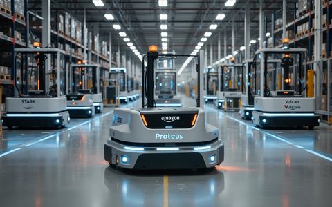 An advanced Amazon Proteus warehouse robot, blue and orange, moves autonomously through a modern, well-lit fulfillment center. - Foto: über boerse-global.de
