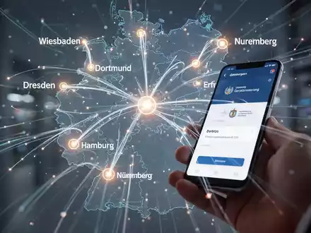 Digital network overlaying a map of Germany with city nodes, a hand holding a smartphone displaying a government app, symbolizing digitalization. - Foto: über boerse-global.de