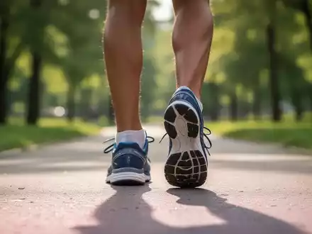 Nahaufnahme von Füßen in Sportschuhen auf einem Gehweg in einem Park, unscharfes Grün im Hintergrund, symbolisiert Bewegung und Gesundheit. - Foto: über boerse-global.de