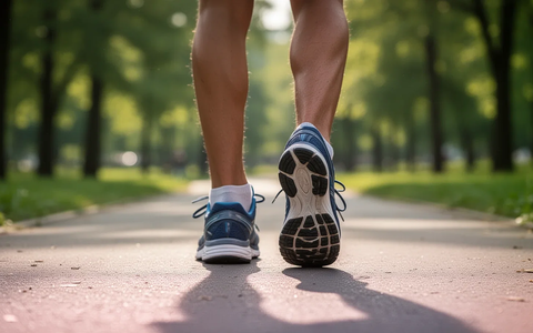 Nahaufnahme von Füßen in Sportschuhen auf einem Gehweg in einem Park, unscharfes Grün im Hintergrund, symbolisiert Bewegung und Gesundheit. - Foto: über boerse-global.de
