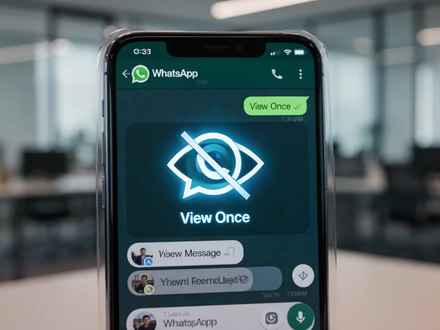A smartphone screen showing a WhatsApp chat with a View Once message icon, a stylized eye. The background is a blurred office. - Foto: über boerse-global.de