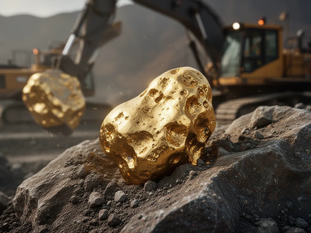 Ein glänzender Goldklumpen, teilweise in rauem Gestein eingebettet, mit unscharfer Reflexion von Bergbauausrüstung im Hintergrund. - Foto: über boerse-global.de