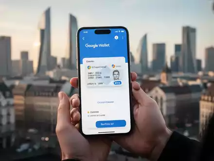 A hand holding a smartphone showing Google Wallet with a digital ID, against a blurred European city backdrop. - Foto: über boerse-global.de