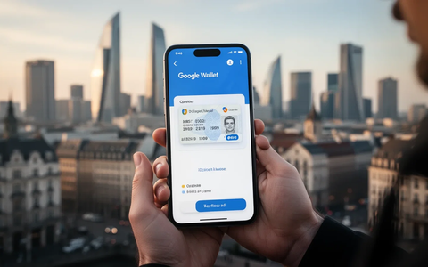 A hand holding a smartphone showing Google Wallet with a digital ID, against a blurred European city backdrop. - Foto: über boerse-global.de