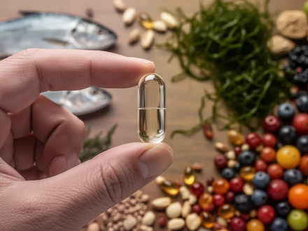 Nahaufnahme einer Hand, die eine transparente Kapsel hält, mit unscharfem Hintergrund von Fisch, Algen und Beeren. - Foto: über boerse-global.de