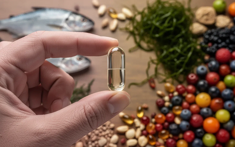 Nahaufnahme einer Hand, die eine transparente Kapsel hält, mit unscharfem Hintergrund von Fisch, Algen und Beeren. - Foto: über boerse-global.de