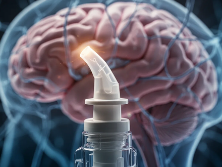 Nahaufnahme eines Nasensprays vor einem verschwommenen Hintergrund, der Gehirnstrukturen und neurologische Verbindungen andeutet. - Foto: über boerse-global.de