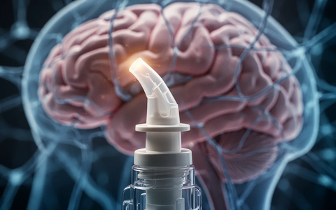 Nahaufnahme eines Nasensprays vor einem verschwommenen Hintergrund, der Gehirnstrukturen und neurologische Verbindungen andeutet. - Foto: über boerse-global.de