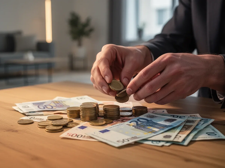 Hände zählen Euromünzen und Banknoten auf einem Holztisch, symbolisierend Budgetplanung und Sparen. - Foto: über boerse-global.de