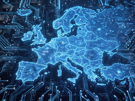 A holographic blue map of the European Union overlaid with digital circuits and data streams, representing technology and data flow. - Foto: über boerse-global.de
