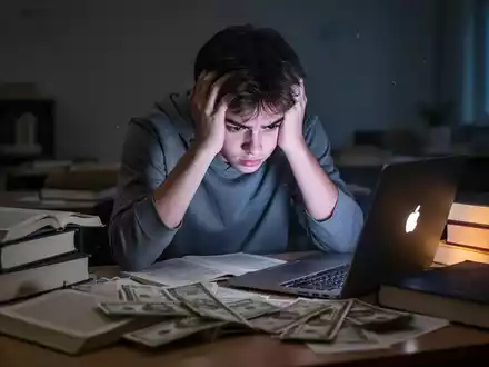 Eine junge Person sitzt an einem Schreibtisch mit Büchern und Laptop, den Kopf in den Händen haltend, Ausdruck von Stress und Sorge. - Foto: über boerse-global.de