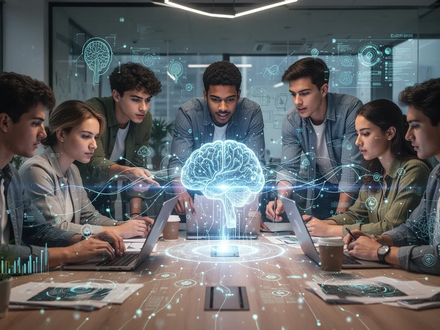 Eine Gruppe junger Unternehmer arbeitet in einem modernen Büro zusammen, umgeben von digitalen Innovationen und Tech-Elementen. - Foto: über boerse-global.de