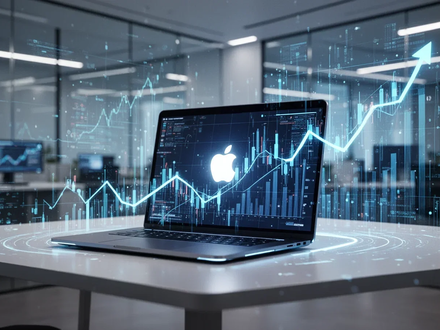 Ein futuristisches Laptop mit leuchtendem Apple-Logo, umgeben von digitalen Datenströmen und aufsteigenden Finanzdiagrammen. - Foto: über boerse-global.de