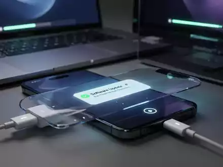 A smartphone charging via USB-C, showing a software update screen, with a laptop in the background also displaying an update. - Foto: über boerse-global.de