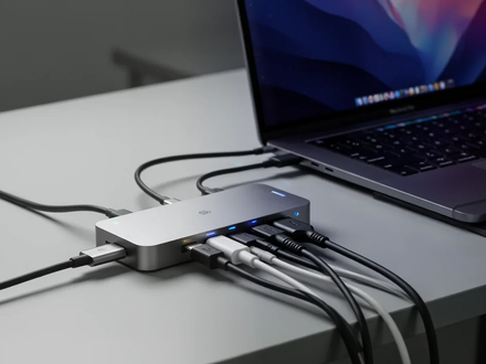 A sleek USB-C docking station connected to a MacBook Pro on a modern desk, surrounded by various cables and peripherals. - Foto: über boerse-global.de