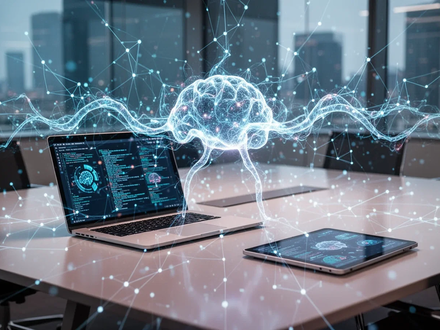 A glowing neural network graphic overlays a modern conference room table with a laptop and digital tablet, symbolizing AI in meetings. - Foto: über boerse-global.de