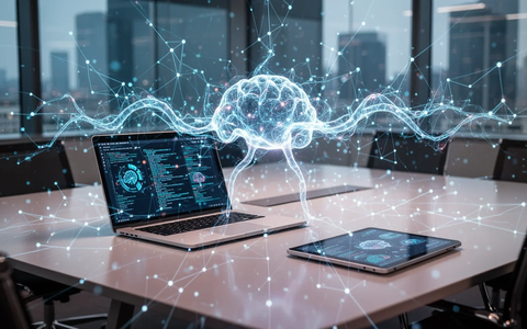 A glowing neural network graphic overlays a modern conference room table with a laptop and digital tablet, symbolizing AI in meetings. - Foto: über boerse-global.de