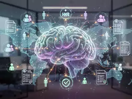 An abstract digital representation of a glowing neural network connecting global HR icons, symbolizing AI-native workforce management platforms. - Foto: über boerse-global.de