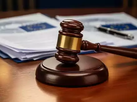 Ein Nahaufnahme eines Richthammer auf einem polierten Holztisch, mit verschwommenen EU-Parlamentsdokumenten im Hintergrund. - Foto: über boerse-global.de
