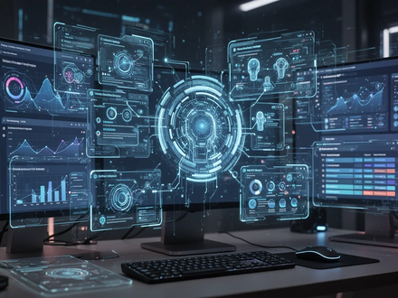 A desktop computer screen displays various holographic interfaces and charts, representing AI desktop assistants managing workflows. - Foto: über boerse-global.de