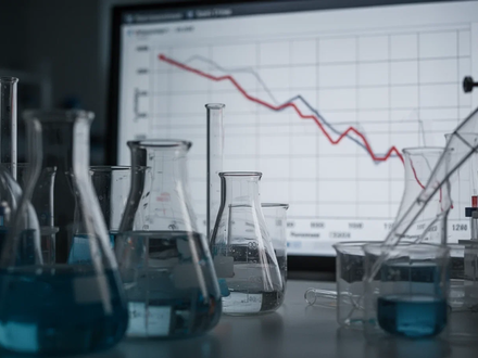 Ein verschwommener Pharmalaborkontext mit Glasgeräten im Vordergrund und einem absteigenden Diagramm im Hintergrund, das sinkende Investitionen symbolisiert. - Foto: über boerse-global.de