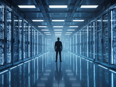 A vast, futuristic server room with glowing blue light from AI servers and a silhouetted figure observing. - Foto: über boerse-global.de