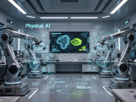 A futuristic research lab in Seoul, South Korea, with robotics and holographic displays, symbolizing Nvidia's new AI center. - Foto: über boerse-global.de