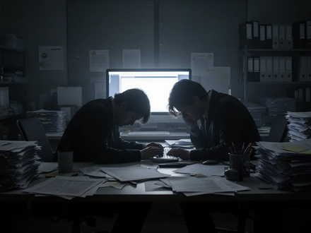 Eine erschöpfte, dunkle Silhouette sitzt an einem Schreibtisch in einem schwach beleuchteten Büro, umgeben von Papierstapeln und einem leuchtenden Bildschirm. - Foto: über boerse-global.de