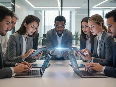 Neue Mitarbeiter nutzen Tablets und Laptops in einem modernen Büro, um einen effizienten Onboarding-Prozess zu symbolisieren. - Foto: über boerse-global.de