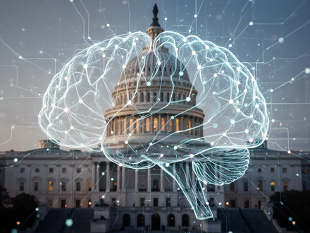 A glowing digital brain network overlaid on a blurred image of the US Capitol building, symbolizing the intersection of AI and government. - Foto: über boerse-global.de