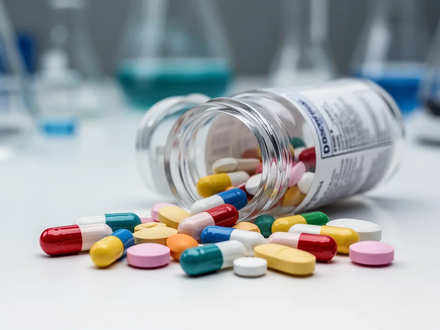 Nahaufnahme verschiedener bunter pharmazeutischer Pillen und Kapseln, die aus einer Flasche auf einer Labortischplatte liegen. - Foto: über boerse-global.de