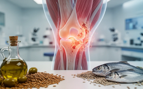 Nahaufnahme eines menschlichen Kniegelenks, das gesunden und entzündeten Knorpel zeigt, umgeben von gesunden Lebensmitteln und einem medizinischen Umfeld. - Foto: über boerse-global.de