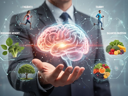 Eine Hand hält eine leuchtende Gehirnillustration, umgeben von Elementen wie Bewegung, Natur und gesunder Ernährung. - Foto: über boerse-global.de