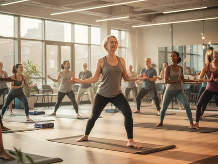 Eine Gruppe von Erwachsenen nimmt an einem Yogakurs in einem hellen Gemeindezentrum teil, das Ruhe und Lernen ausstrahlt. - Foto: über boerse-global.de