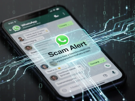 Smartphone screen showing a WhatsApp chat with a 'Scam Alert' warning, symbolizing digital privacy and secure messaging. - Foto: über boerse-global.de