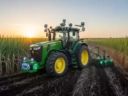 Ein autonomer John Deere 9R Traktor arbeitet in einem groĂen Zuckerrohrfeld bei Sonnenaufgang, ausgestattet mit Sensoren und GPS. - Foto: ĂŒber boerse-global.de
