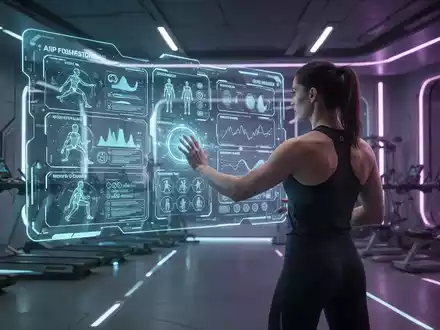 Eine Person interagiert in einem futuristischen Fitnessstudio mit einer holografischen Anzeige, die KI-Trainingsdaten und biometrische Informationen zeigt. - Foto: über boerse-global.de