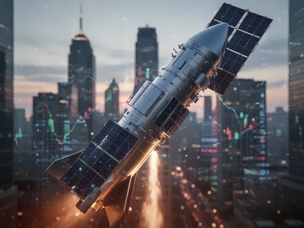 Eine stilisierte Rakete oder ein Satellit vor der Kulisse eines Finanzviertels bei Sonnenuntergang, symbolisiert Luft- und Raumfahrt und Finanzen. - Foto: über boerse-global.de