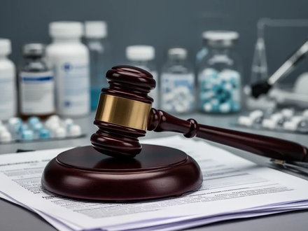 Ein Nahaufnahme-Bild eines Holzhammers, der auf juristischen Dokumenten ruht, mit einem verschwommenen Hintergrund von pharmazeutischen Produkten. - Foto: über boerse-global.de