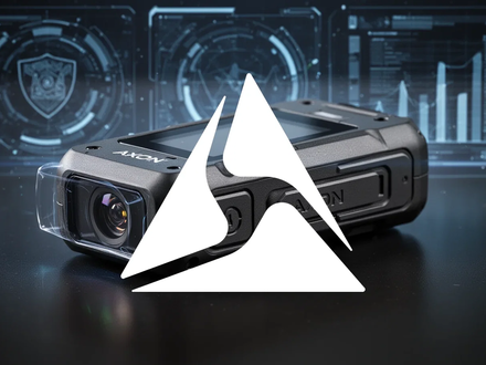 Nahaufnahme einer modernen Axon-Kamera oder eines Tasers auf dunklem Hintergrund, mit einem digitalen Leuchten, das Technologie symbolisiert. - Foto: über boerse-global.de